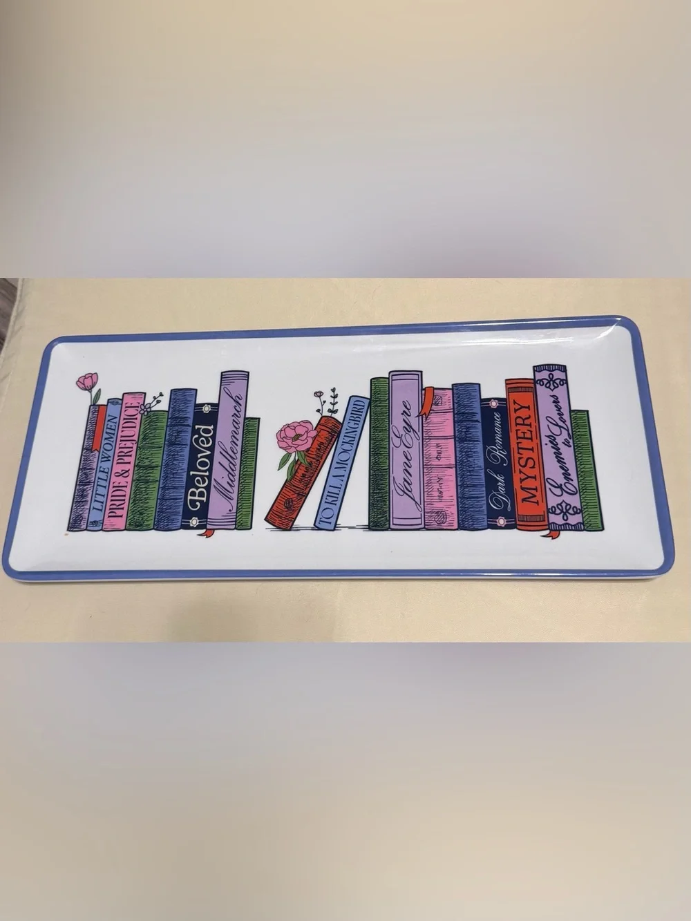 Decorative Book Stack Serving Tray in Pastel Colors with Classical Book Titles